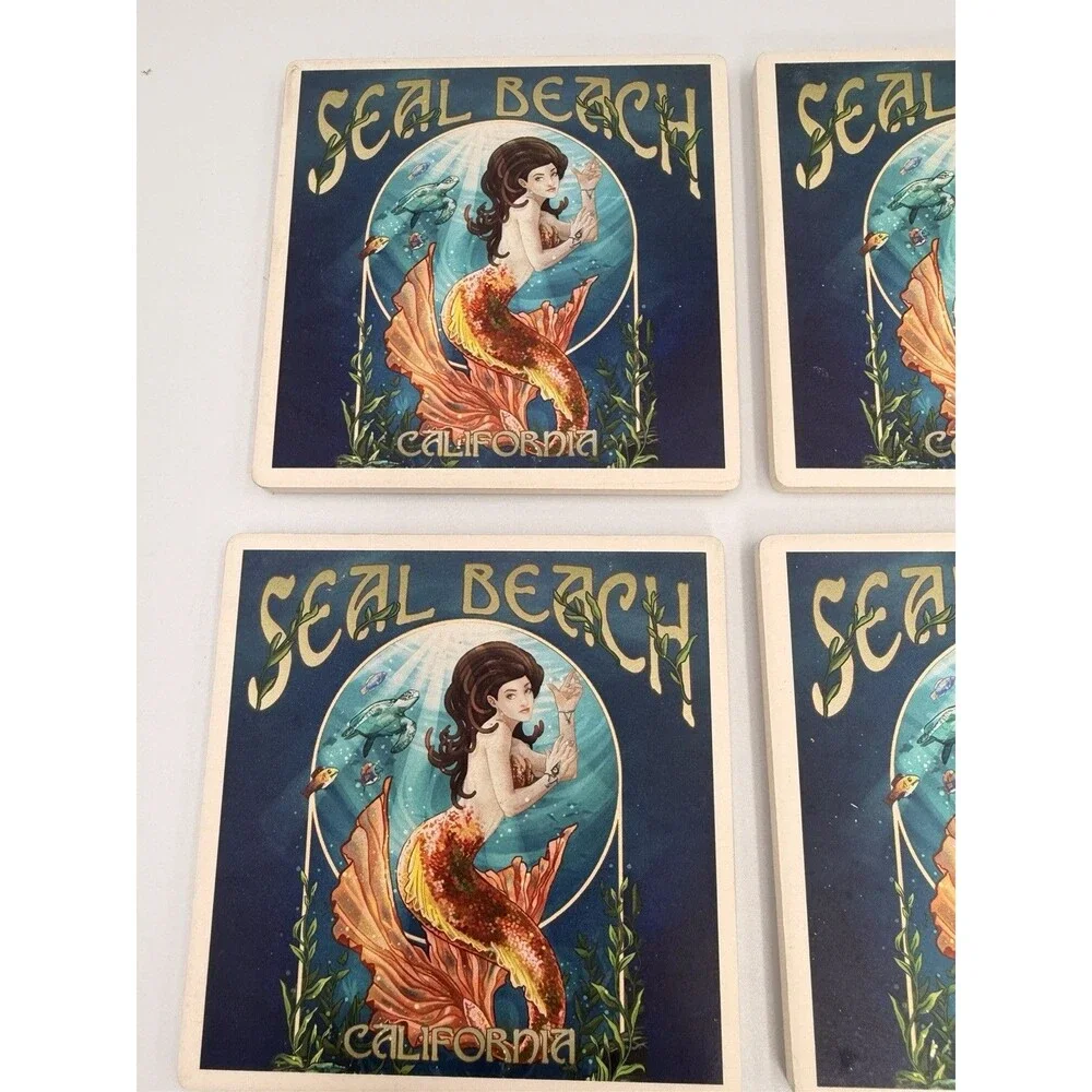Seal Beach California Mermaid Ceramic Tile Coasters Set of 6 Cork Back Coastal